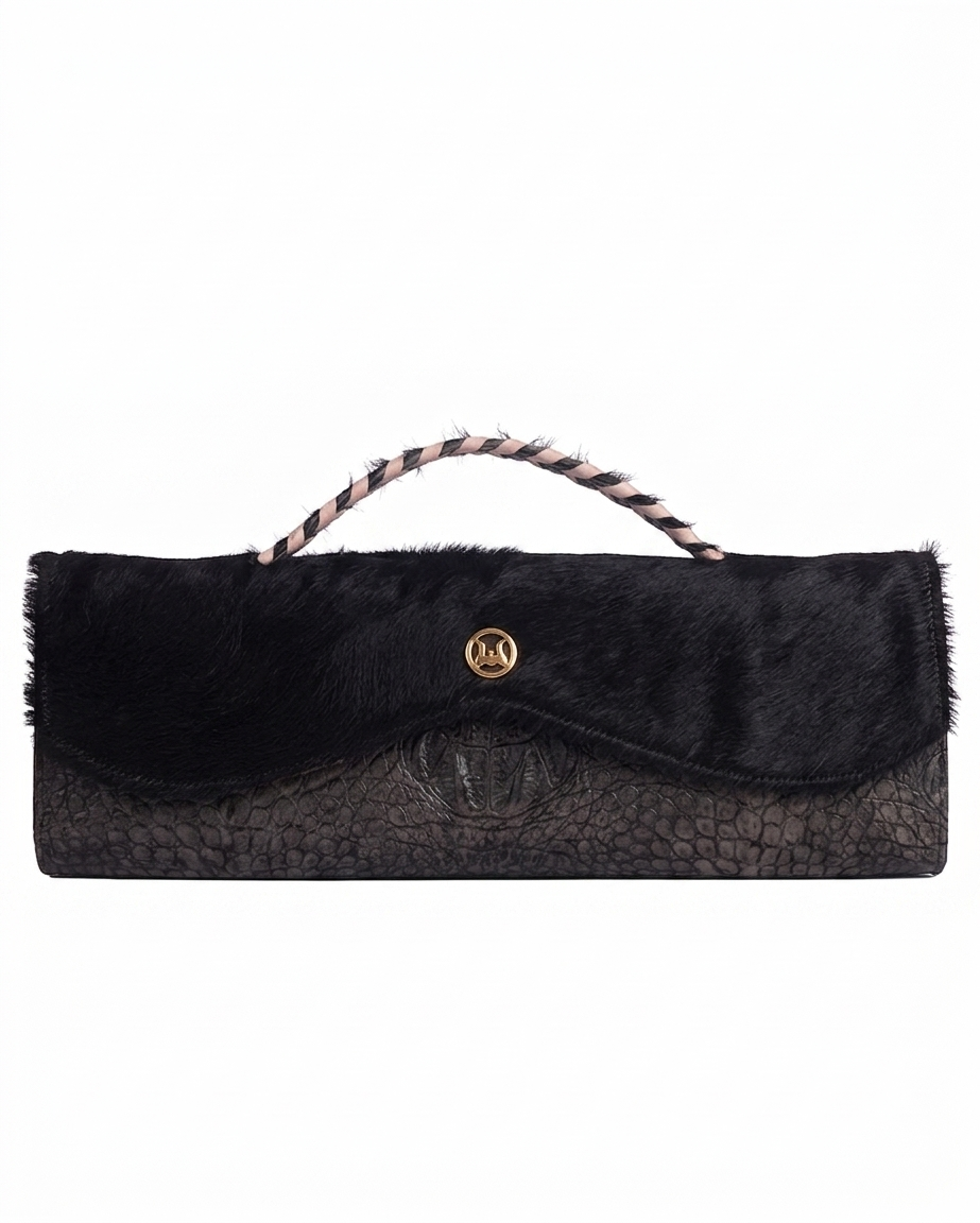 Mykonos Maxi: Silver and Black Details Crocodile Print and Black Fur