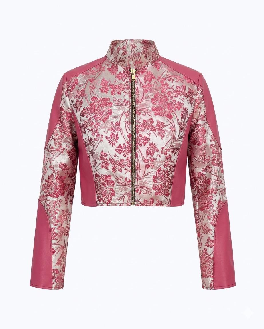 Women’s Crop Patchwork Jacket: Pink Abstract Print and Pink Leather