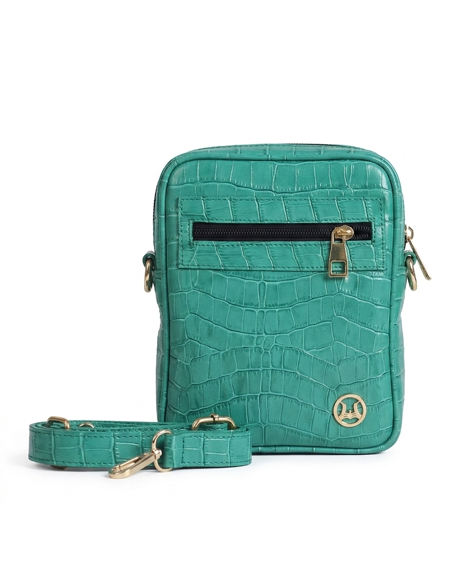 Cross Body Bag: Sea Green Crocodile Print