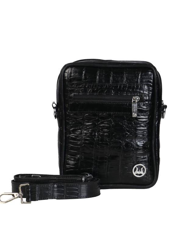Cross Body Bag: Black Textured Crocodile Print