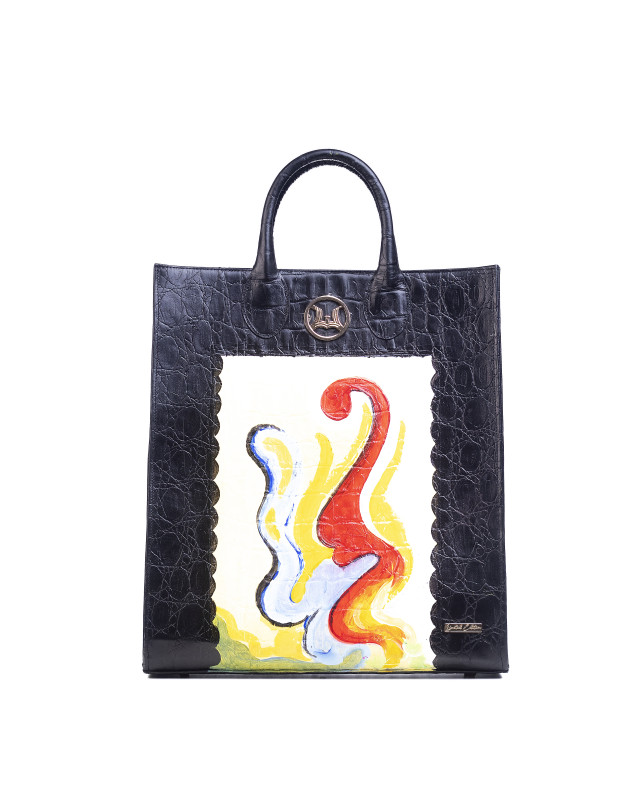 Backpack Man Tote: Black Crocodile Print with Art #1