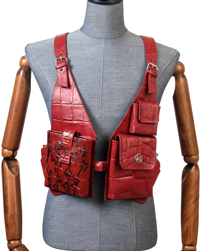 Utility Vest: Red Textured Crocodile Print Meets Art
