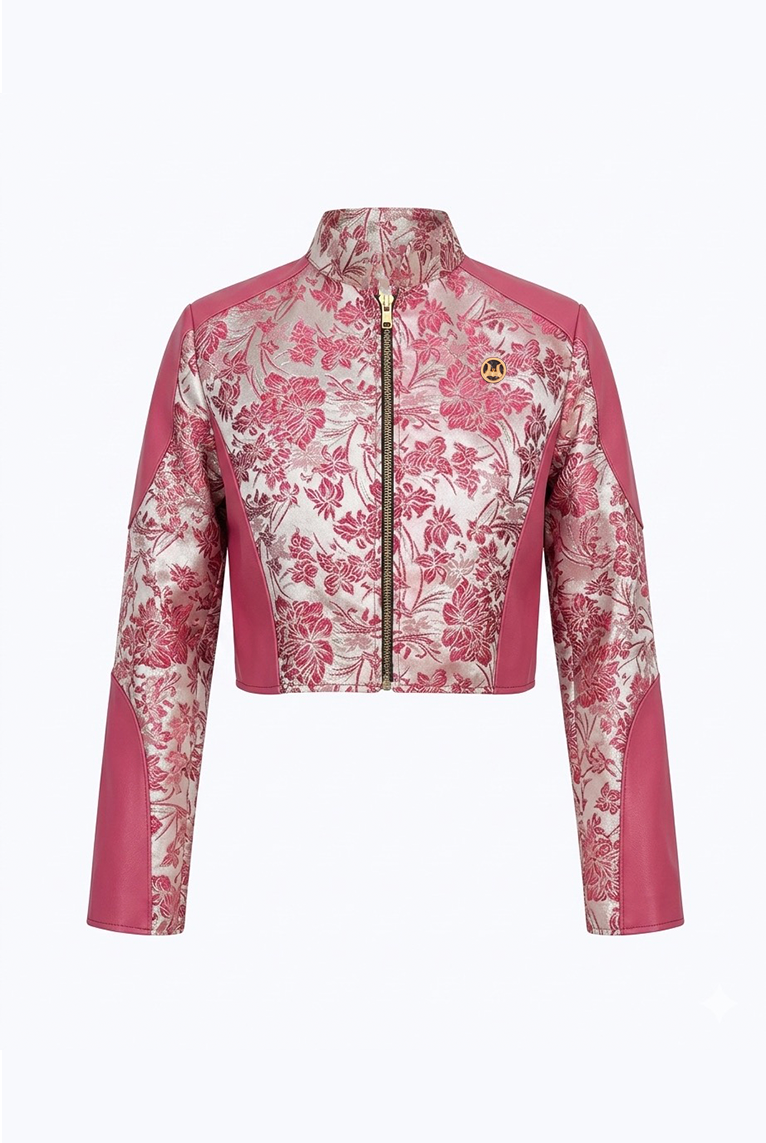 Women’s Crop Patchwork Jacket: Pink Abstract Print and Pink Leather