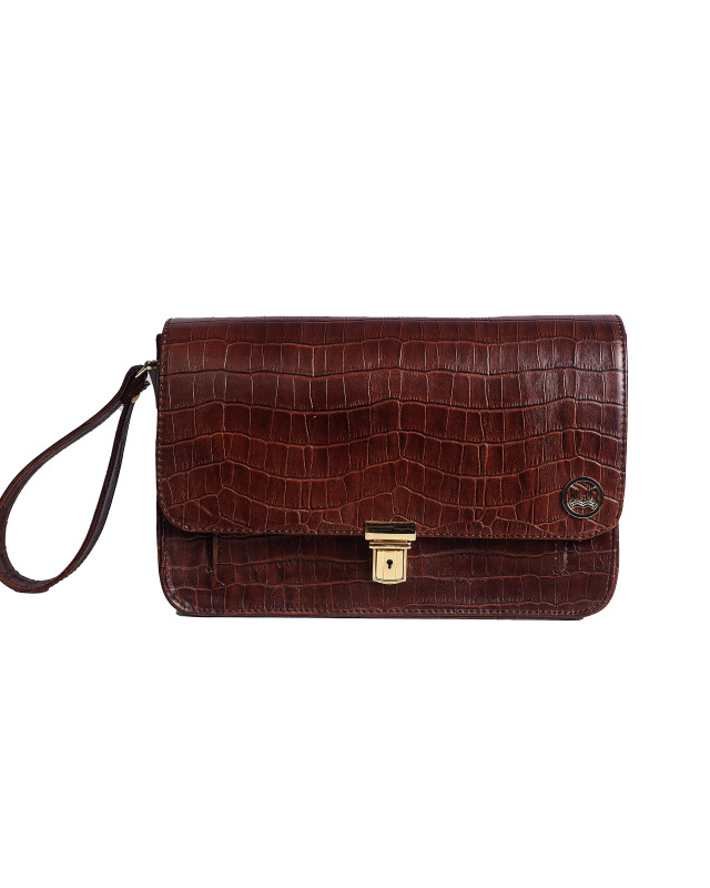 Man Bag: Peacan Brown Crocodile Print