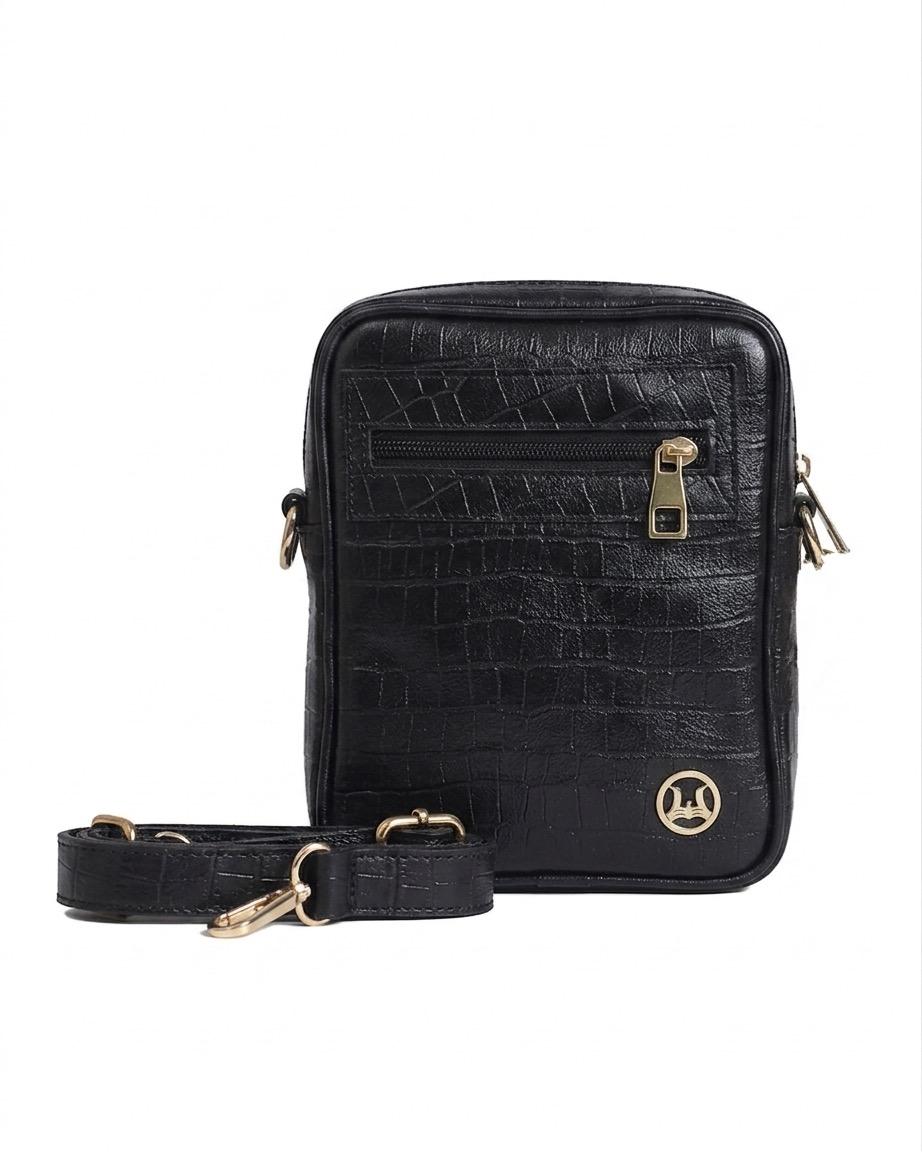 Cross Body Bag: Black Crocodile Print