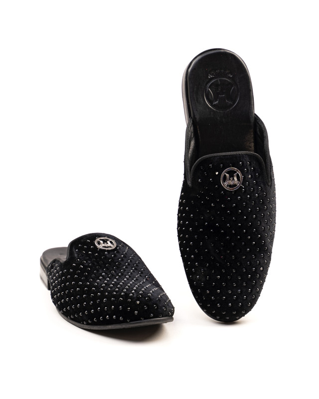 Grande Crystal Velvet Mules: Black