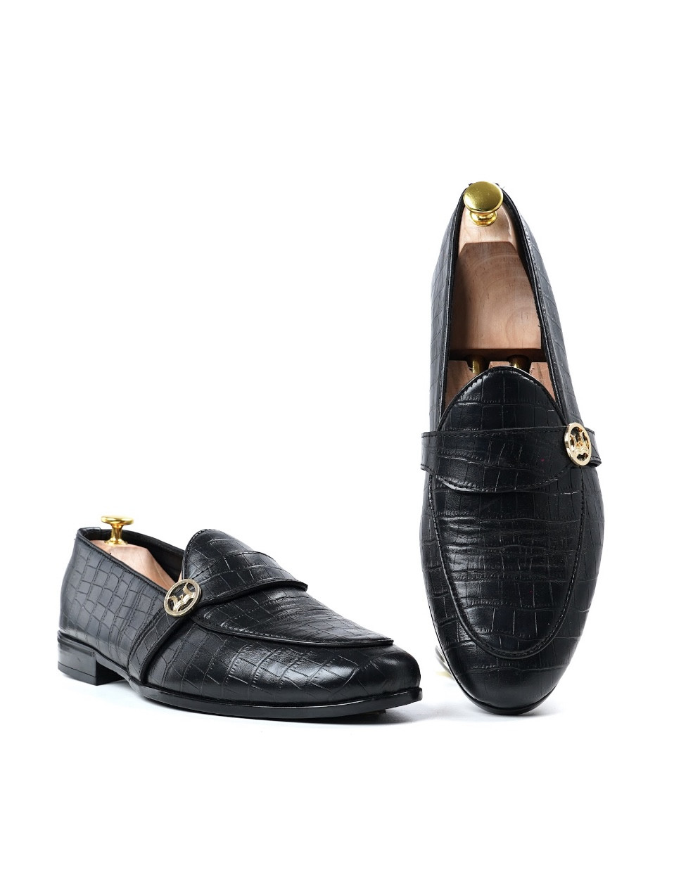 Belgian Loafers: Black Crocodile Print with Curved Strap