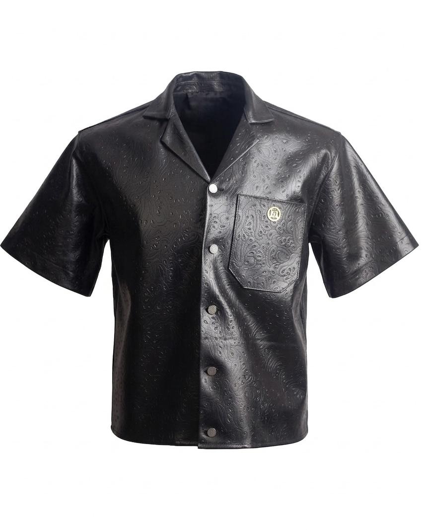 Leather Shirt: Black Abstract Print