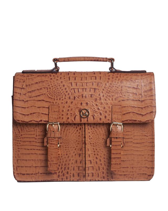 MINI Satchel Work Case with Double Pockets: Tan Textured Crocodile Print