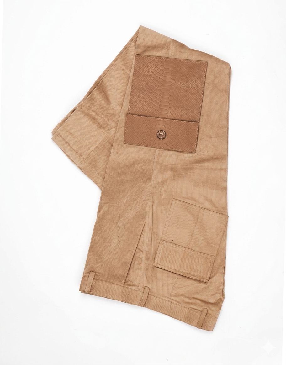 Cargo Pants: Beige Corduroy with Leather Pockets