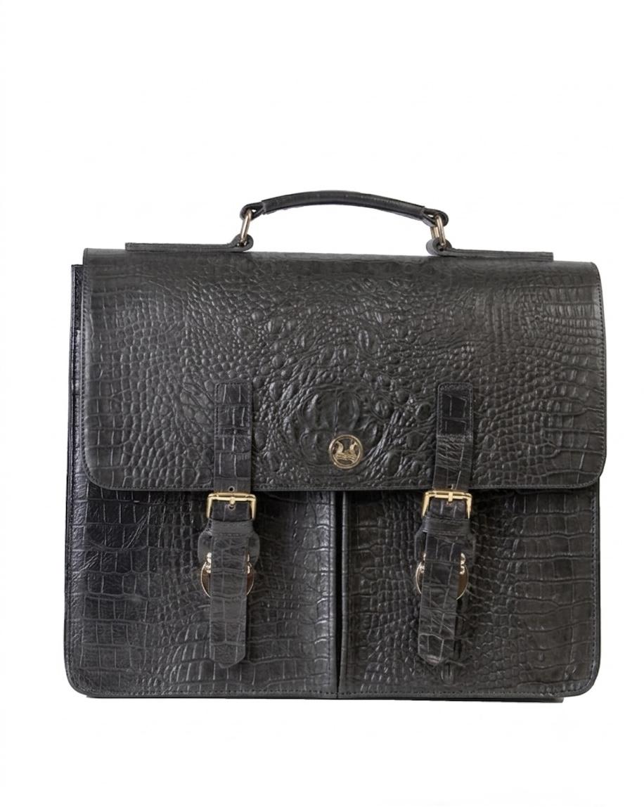 Satchel Work Case with Double Pockets: Limited Edition Black Textured Crocodile Print