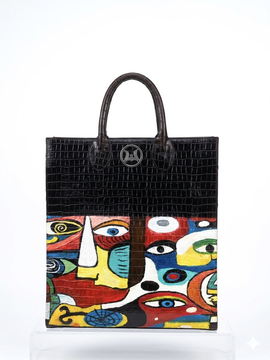 Man Tote: Black Crocodile Print Meets Art
