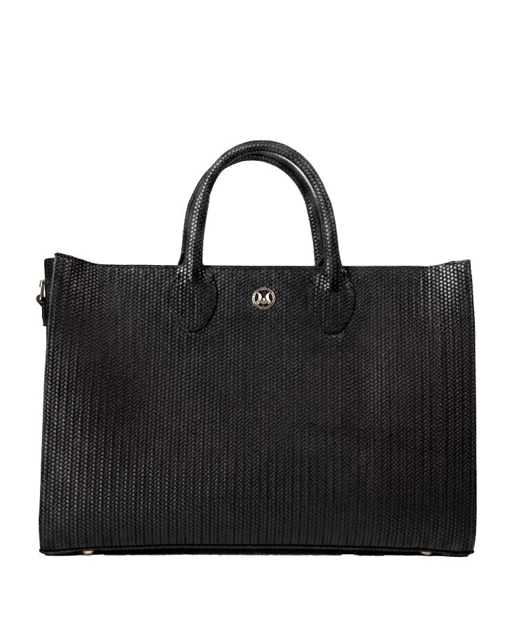 Midi Man Tote: Black Basket Woven Leather Print