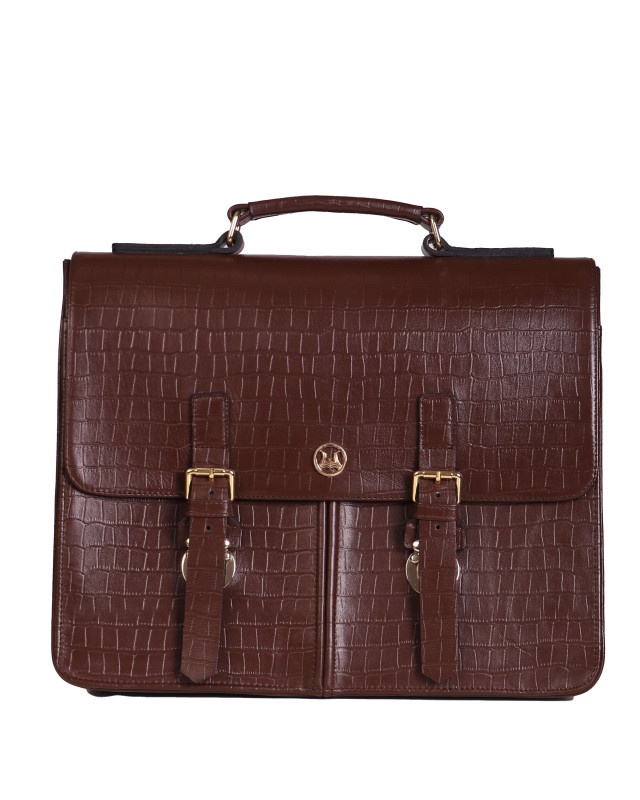 Satchel Work Case with Double Pockets: Mahogany Brown Crocodile Print