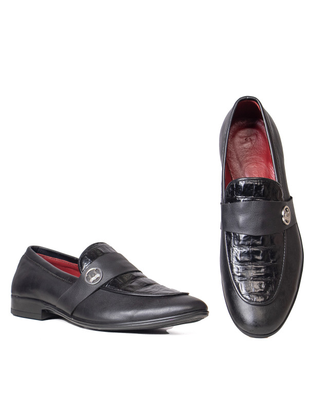 Belgian Loafers: Black and Textured Crocodile Print W Logo Strap