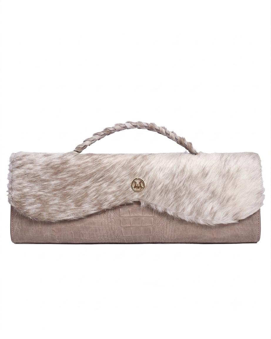 Mykonos Maxi: Camel Textured Crocodile Print and White/Camel Fur