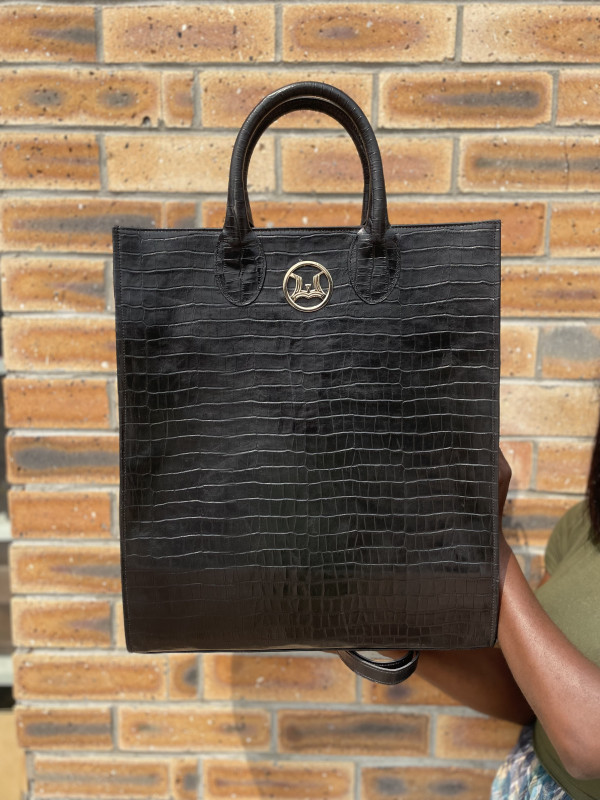 Backpack Man Tote: Black Slim Crocodile Print