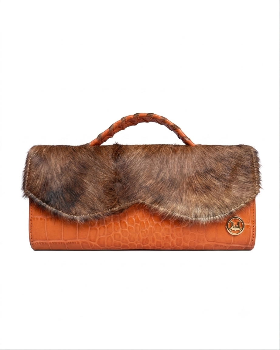 Mykonos Midi: Orange Crocodile Print and Brown Fur