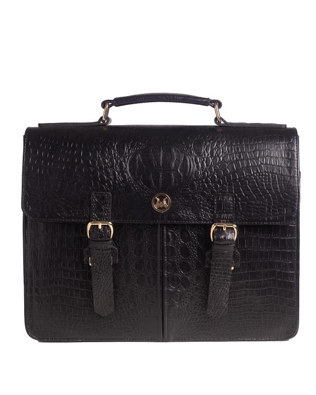 MINI Satchel Work Case with Double Pockets: Black Textured Crocodile Print