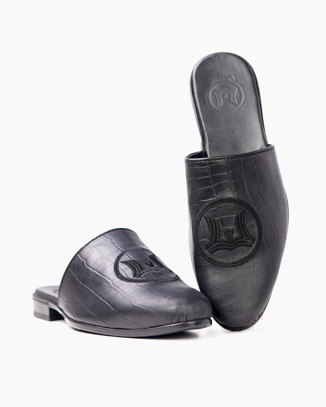 Signature Logo Mules: Black Crocodile Print