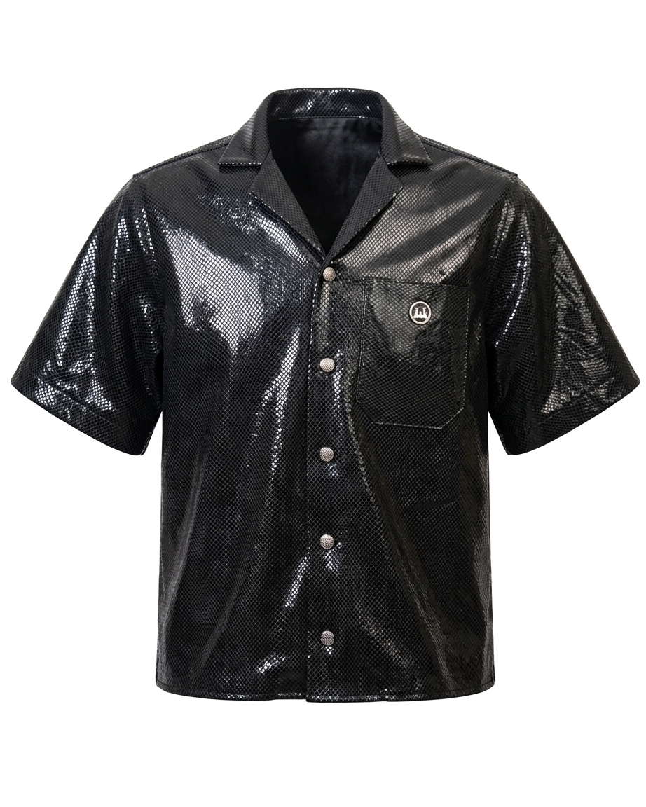 Leather Shirt: Shimmer Black Reptilian Print