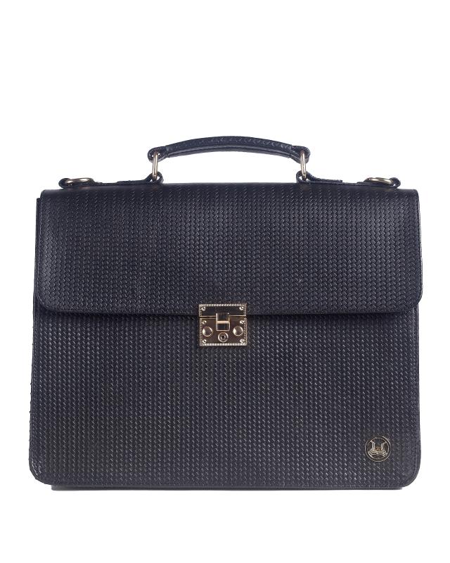 MINI Satchel Work Case: Black Basket Woven Leather Print