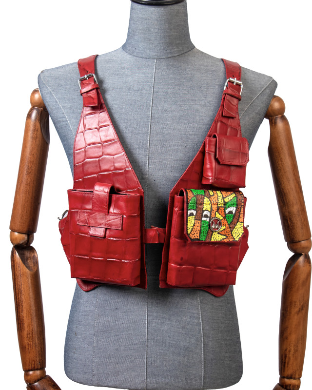 Utility Vest: Red Textured Crocodile Print with Art