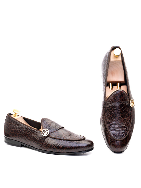 Belgian Loafers: Dark Brown Crocodile Print with Curved Strap