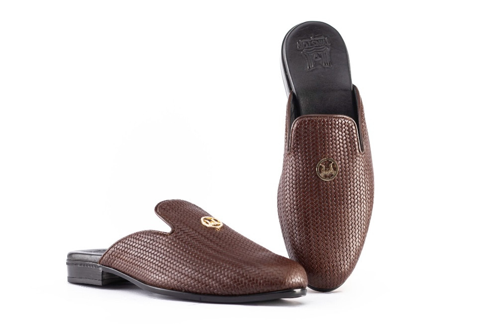 Basket Woven Leather Mules: Brown