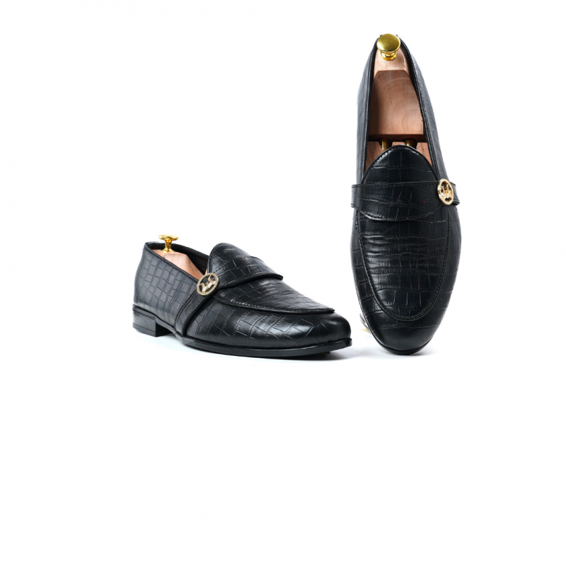 Belgian Loafers: Black Crocodile Print with Curved Strap