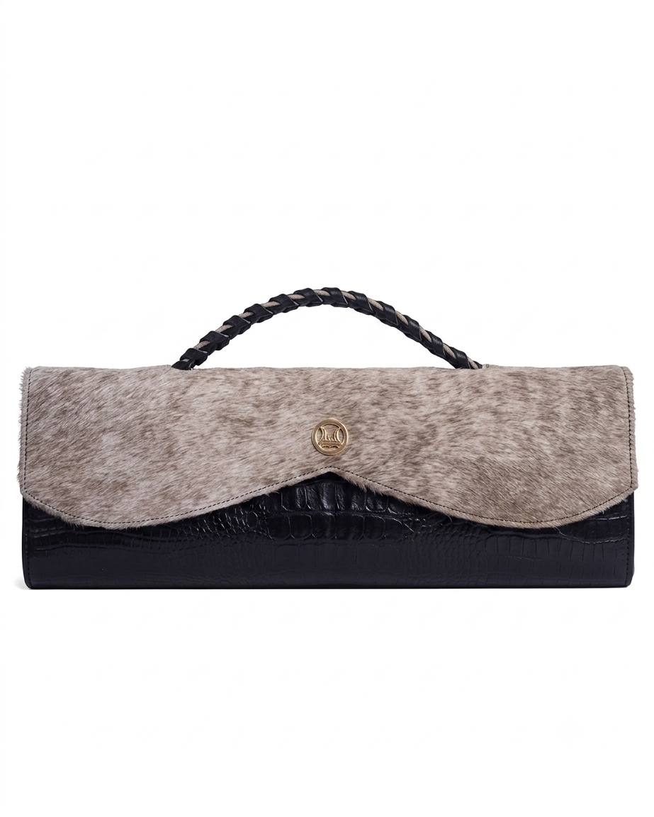 Mykonos Maxi: Black Textured Crocodile Print and Cream Fur