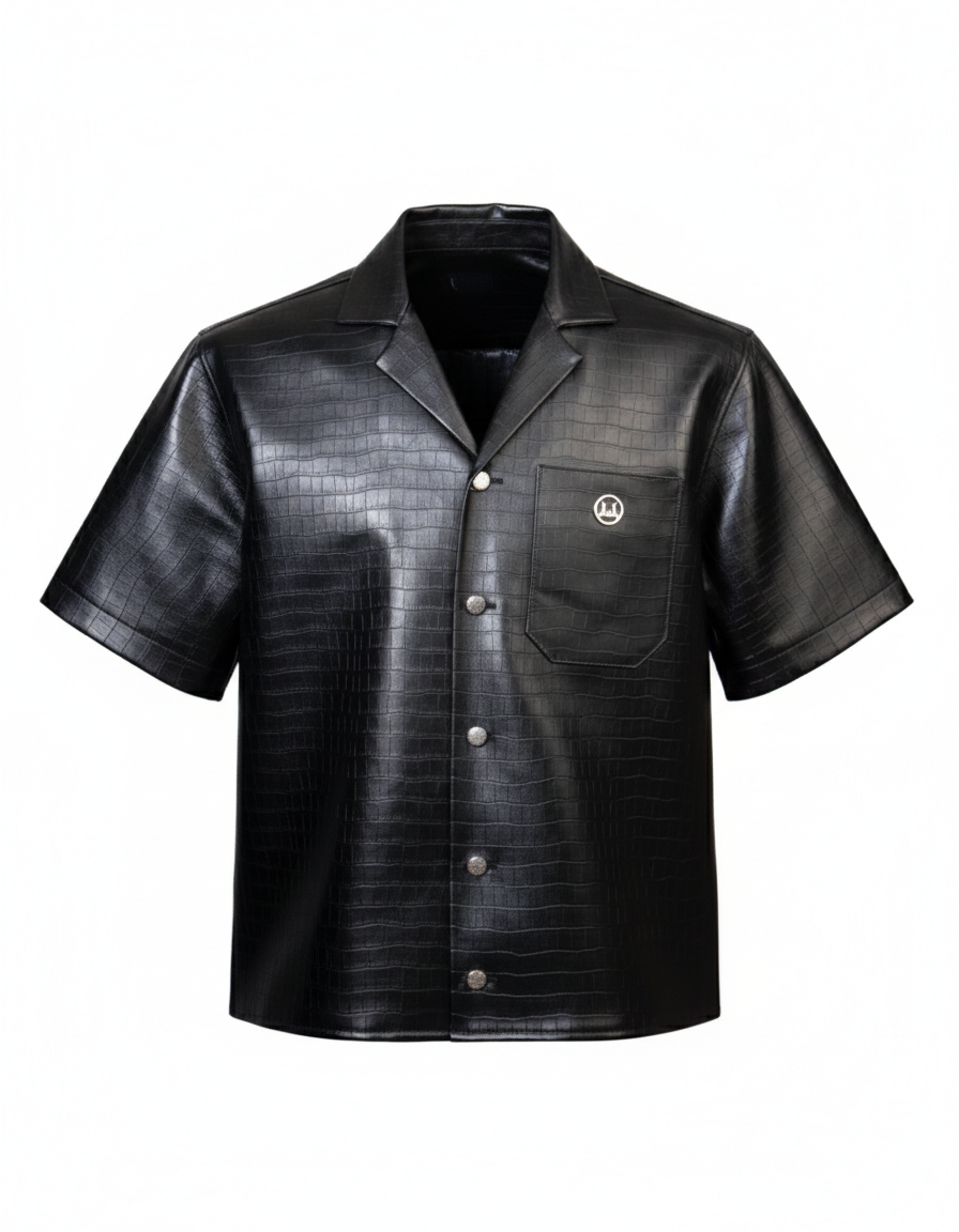 Leather Shirt: Black Crocodile Print