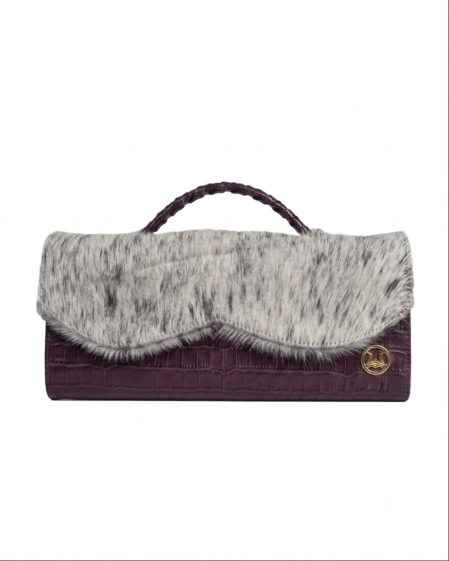 Mykonos Midi: Purple Crocodile Print and White Spotted Fur