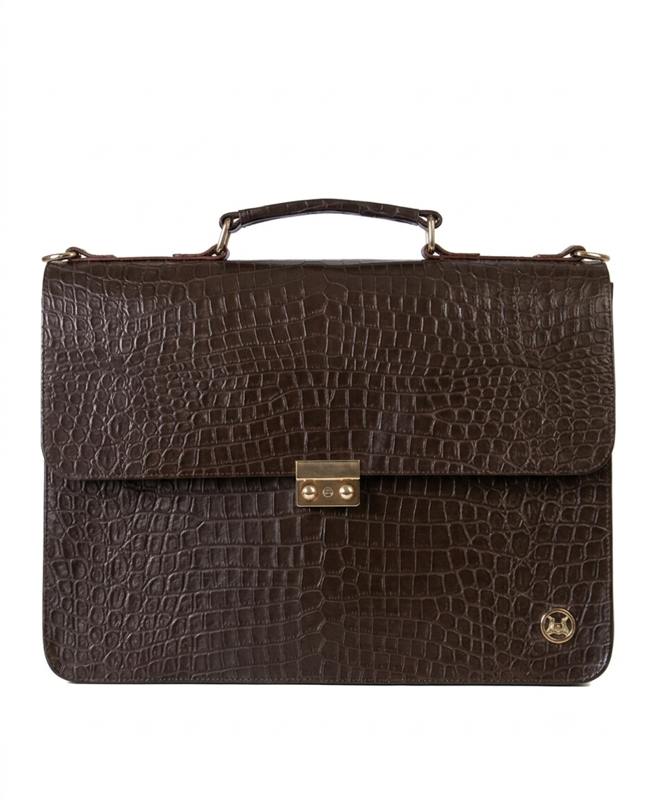 Satchel Work Case with Double Pockets: Dark Brown Crocodile Print
