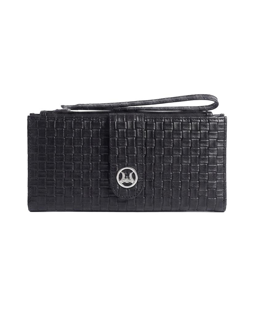 Unisex Wallet: Black Basket Woven Leather