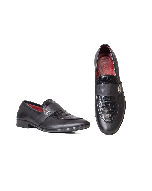 Loafers: Black and Textured Crocodile Print W Logo Strap