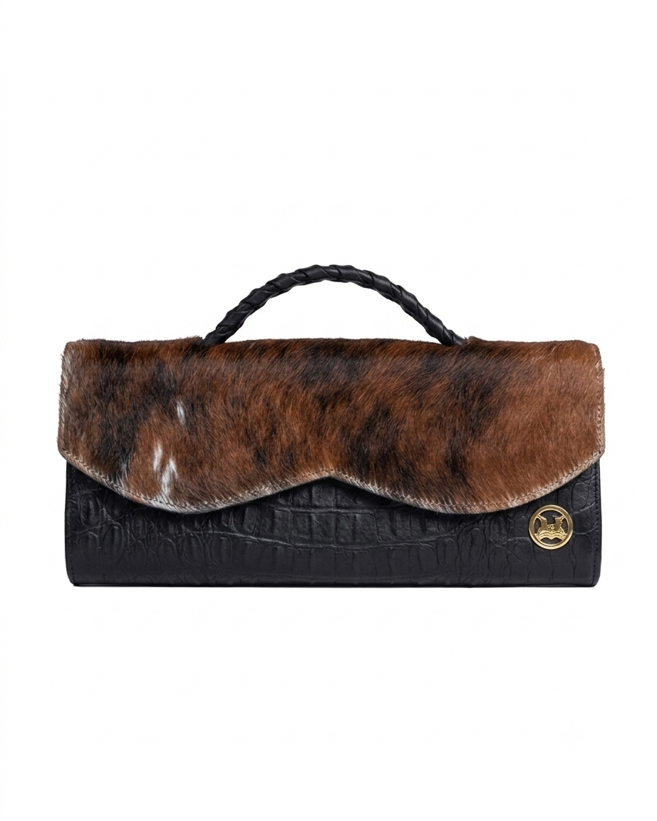 Mykonos Midi: Black Textured Crocodile Print and Brown Fur