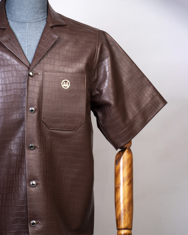 Leather Shirt: Brown Crocodile Print