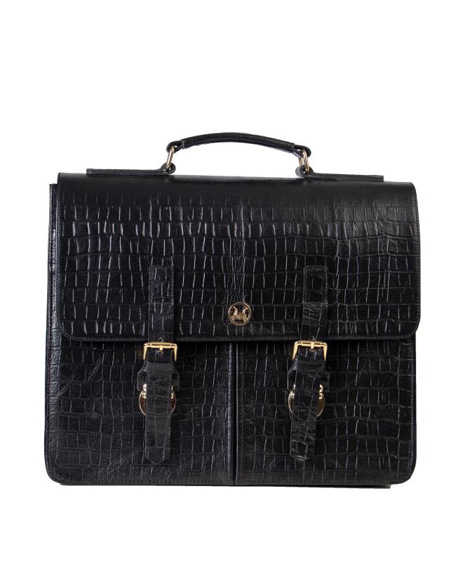 Satchel Work Case with Double Pockets: Black Crocodile Print