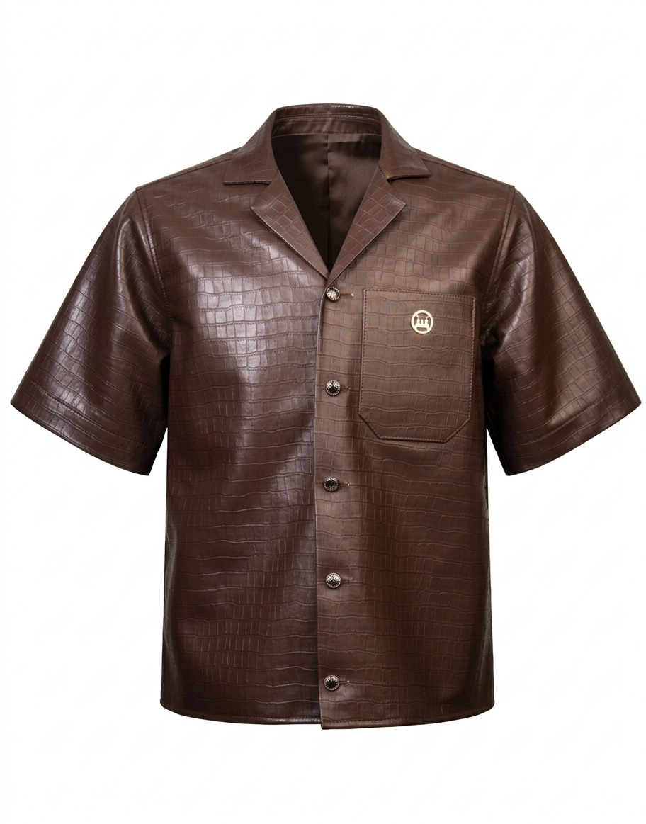 Leather Shirt: Brown Crocodile Print