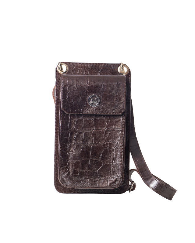 Cross Body Pouch: Deep Brown Crocodile Print