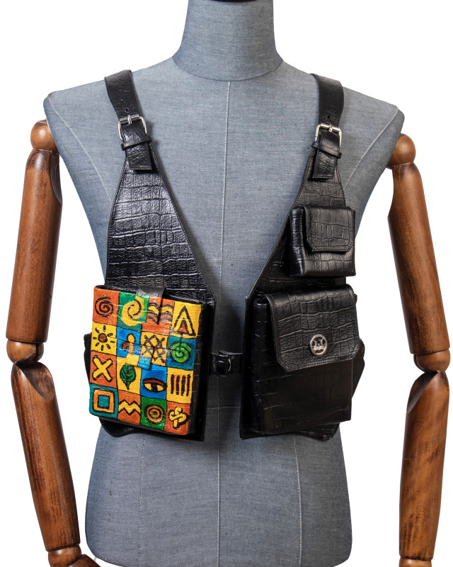 Utility Vest: Black Crocodile Print with Art
