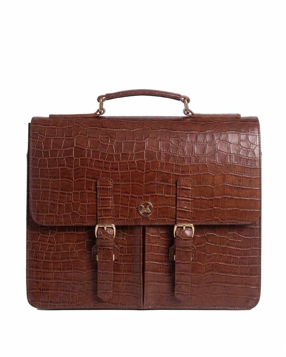 Satchel Work Case with Double Pockets: Honey Brown Crocodile Print