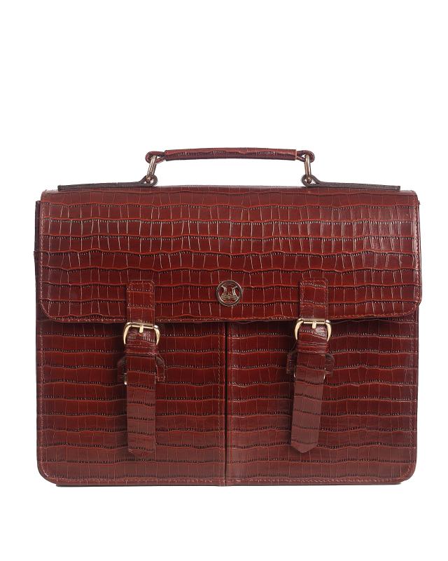 MINI Satchel Work Case with Double Pockets: Rust Crocodile Print