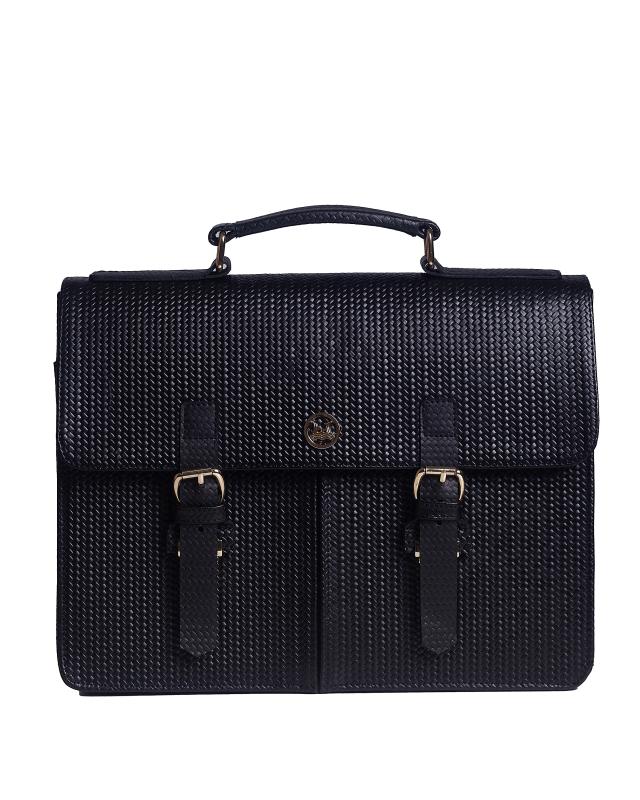 MINI Satchel Work Case with Double Pockets: Black Woven Leather Print