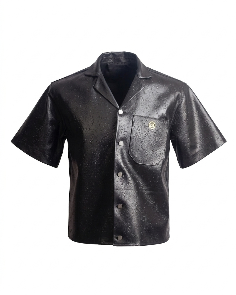 Leather Shirt: Black Abstract Print
