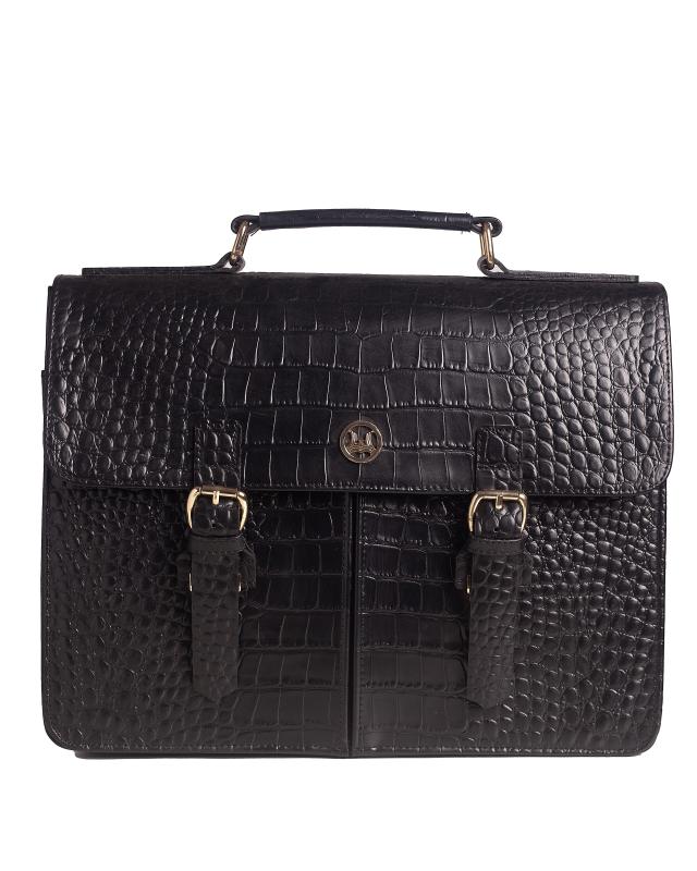 MINI Satchel Work Case with Double Pockets: Black Crocodile Print