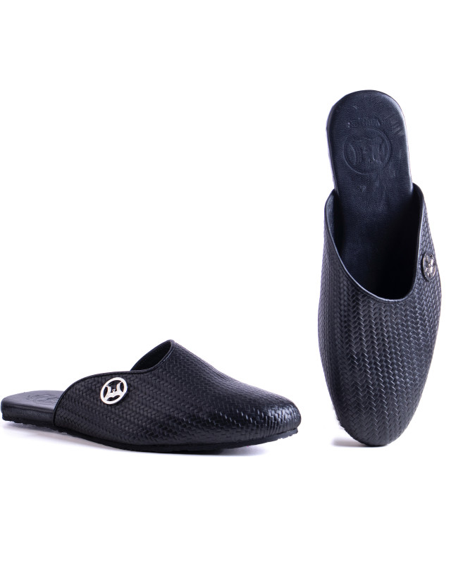 V Cut Basket Woven Leather Mules: Black