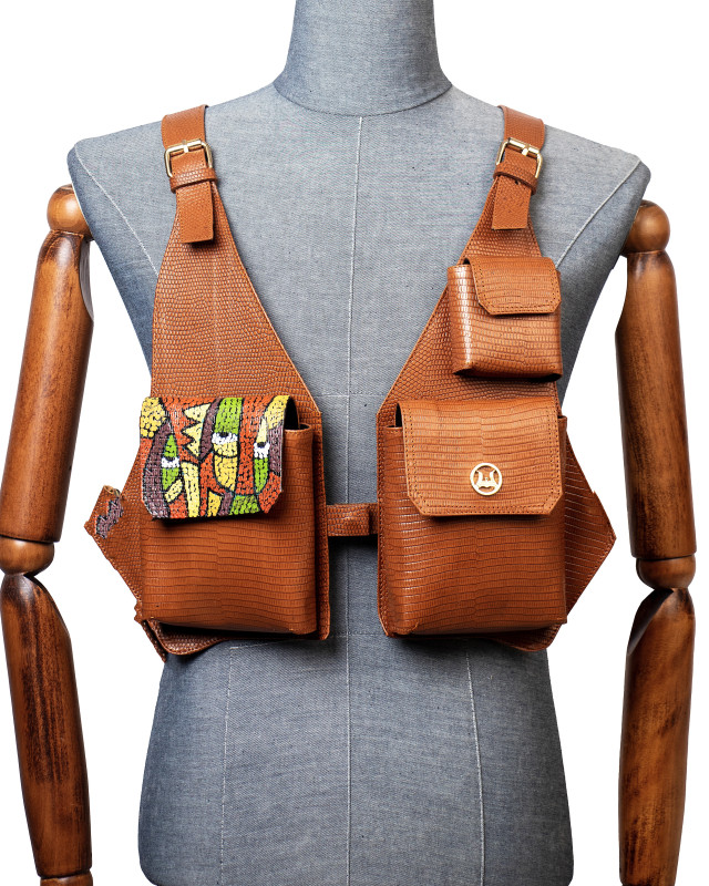 Utility Vest: Brown Monitor Lizard Print with Art
