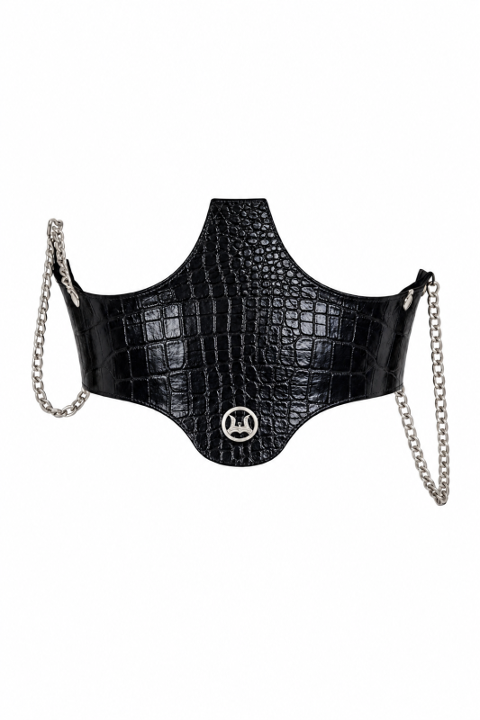 Corset Belt: Black Crocodile Print silver logo